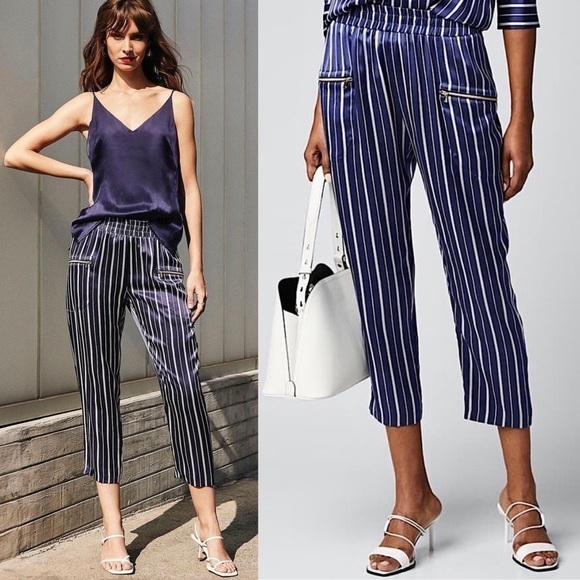 NWT L’AGENCE Silk Satin Navy Stripe High Waist Ankle Cropped Slim Trousers XS - Picture 1 of 8
